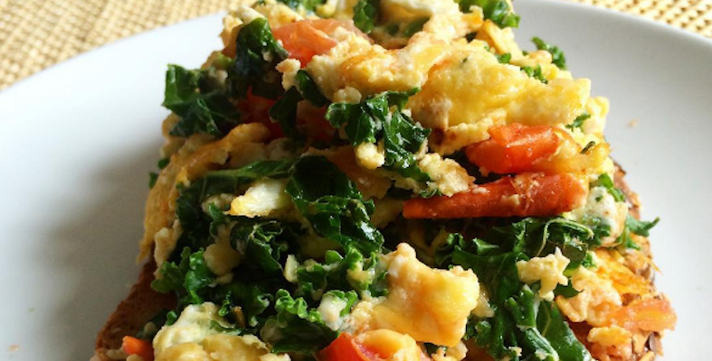 scrambled eggs on toast with kale