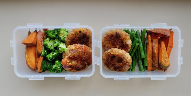 White Bean Veggie Burgers with veggies in plastic meal prep containers