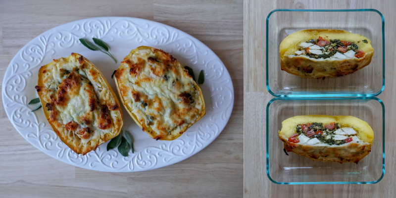 Cheesy Spaghetti Squash Stuffed With Tomatoes, Greens &amp; Pesto