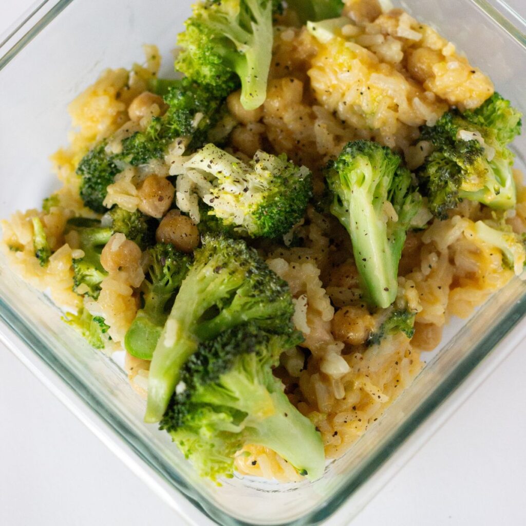 One Pan Cheesy Rice And Broccoli Skillet With Chickpeas