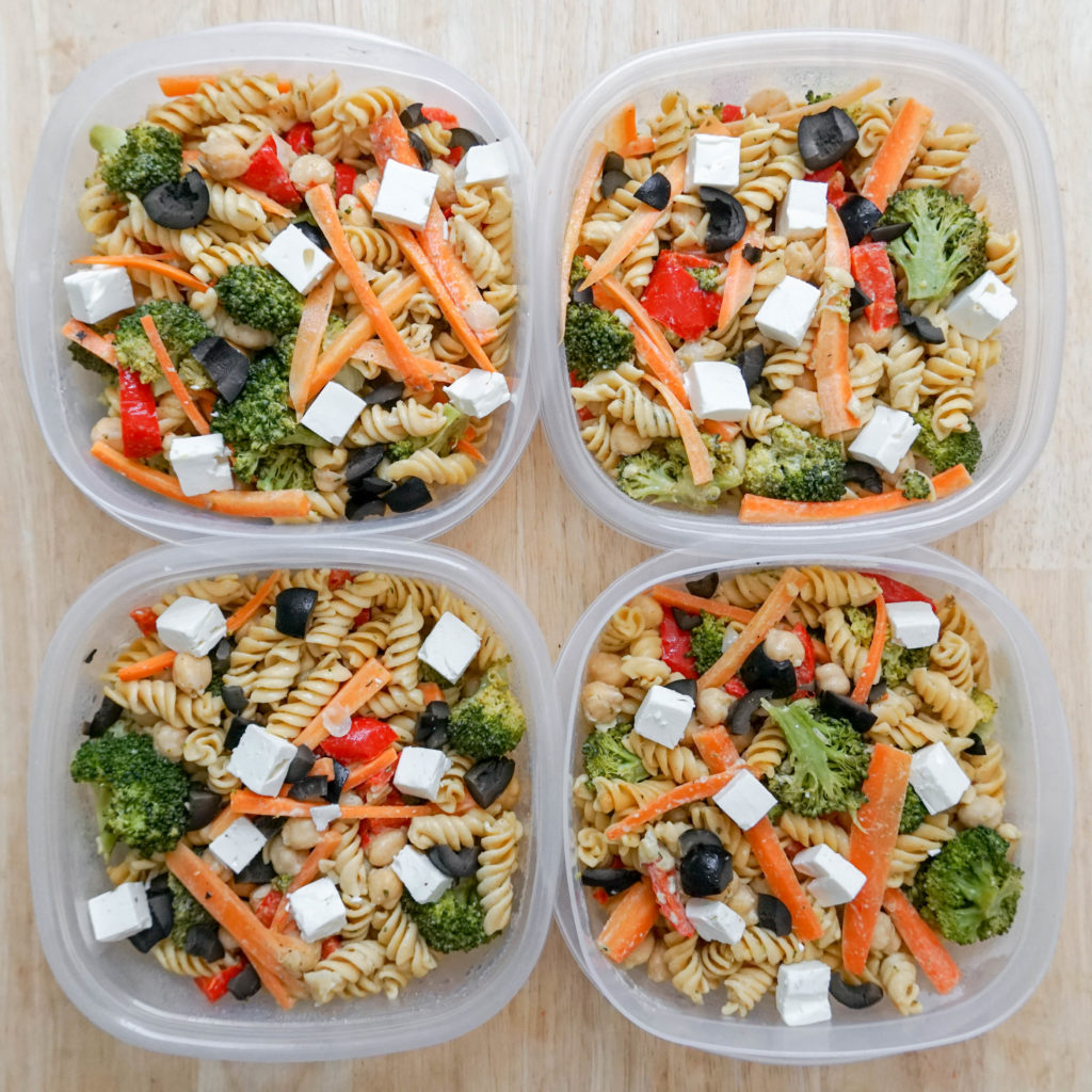 pasta salad in four containers
