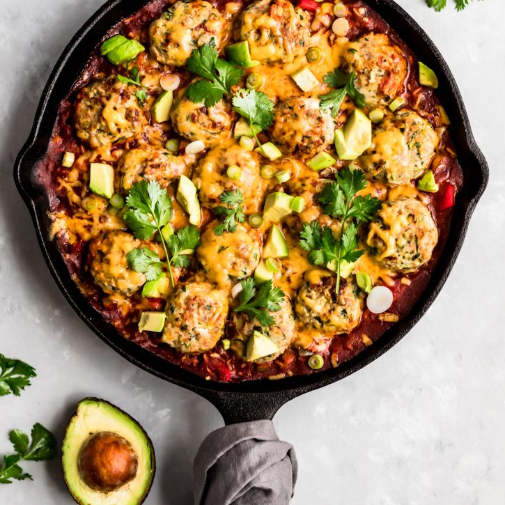 One-Pan dinner Enchilada with Zucchini-Turkey Meatballs and Rice