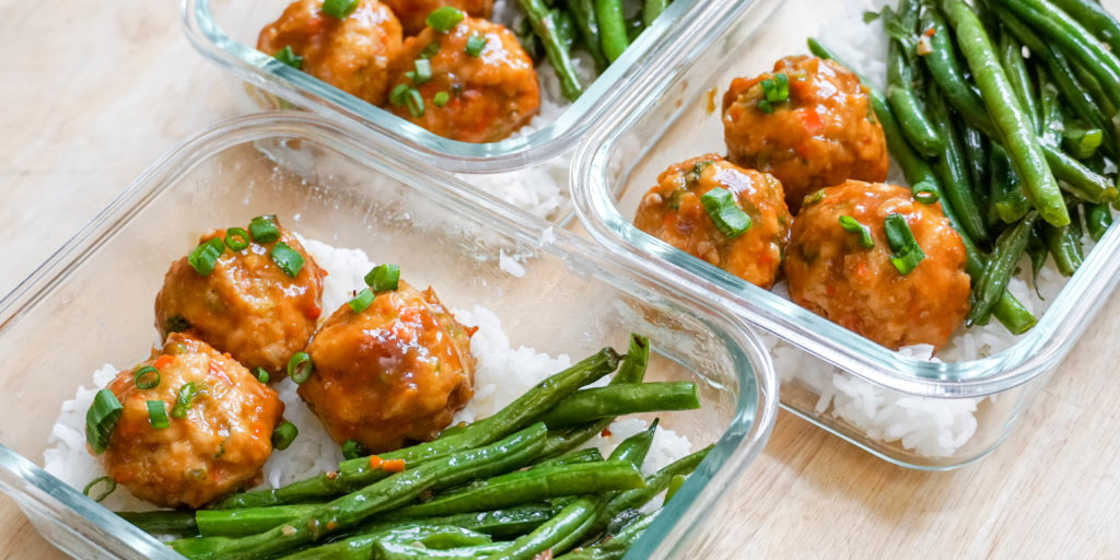 vegetarian meatballs with miso and chickpeas paired with greenbeans and rice