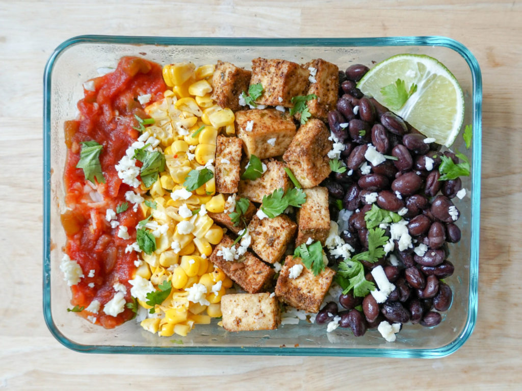 burrito bowl with tofu pantry prep