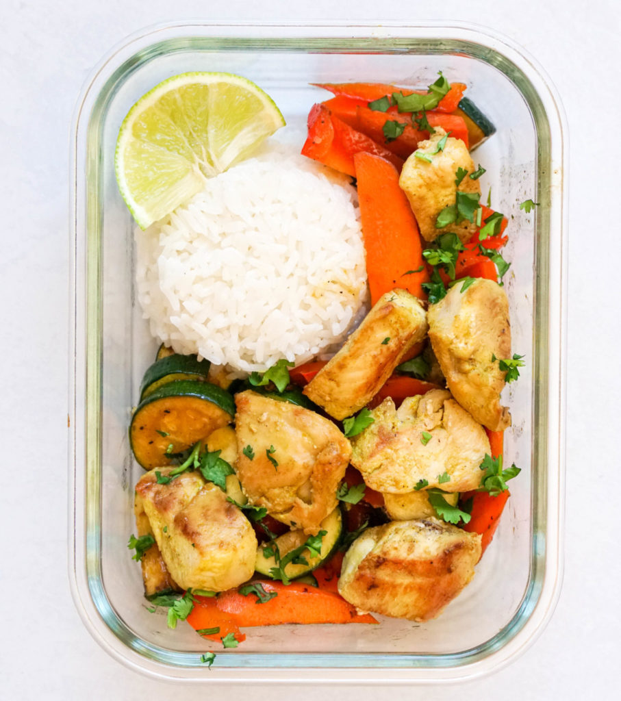 Chicken satay bowl with rice and stir fry veggies