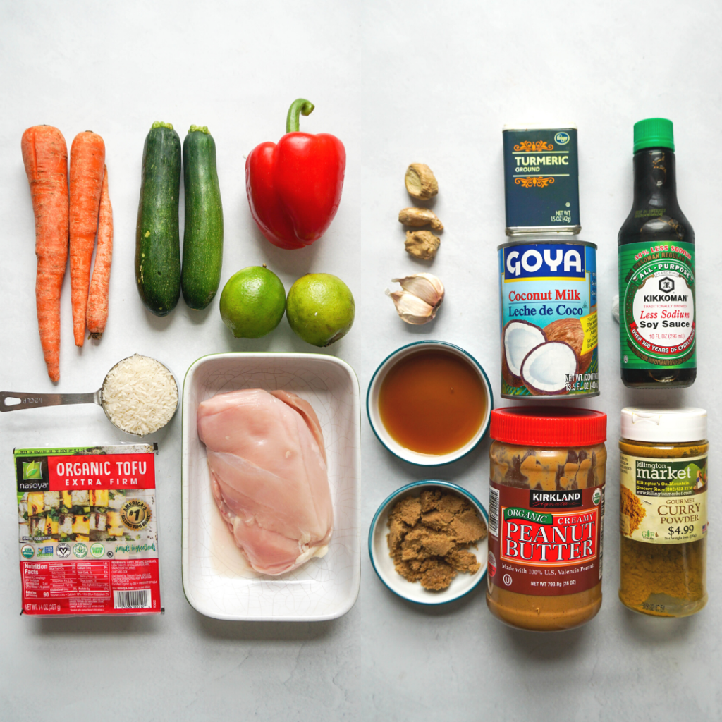 Ingredients to make an easy chicken satay recipe that is meal prep friendly 