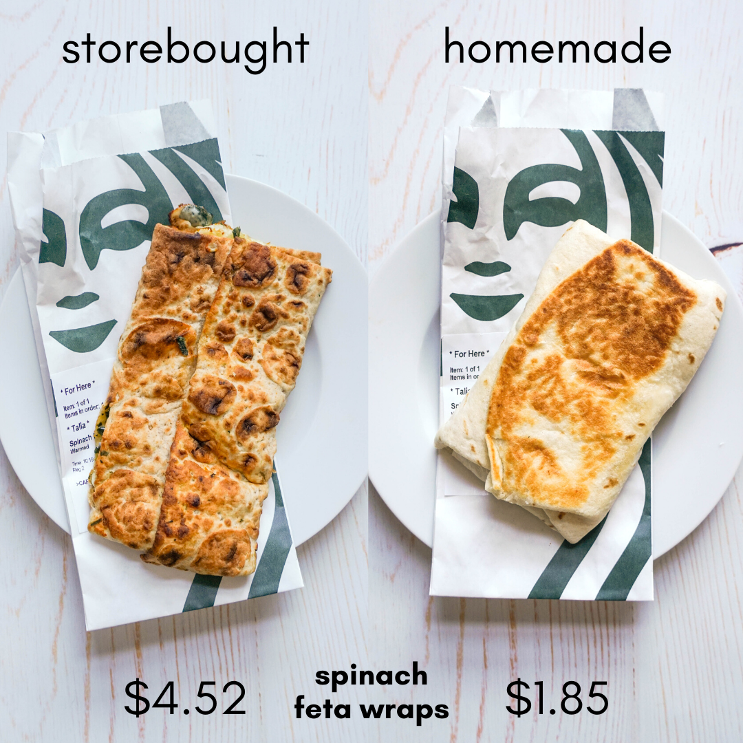 A comparison of two breakfast wraps side by side with the words "store bought" and "homemade" on the top. The wraps are laying onto top of Starbucks wrappers with their logo, on top of a white plate