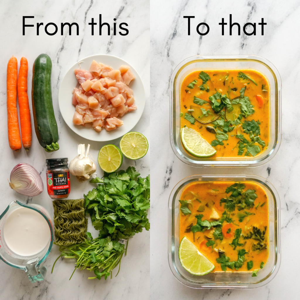 A before and after photo of making thai coconut curry soup