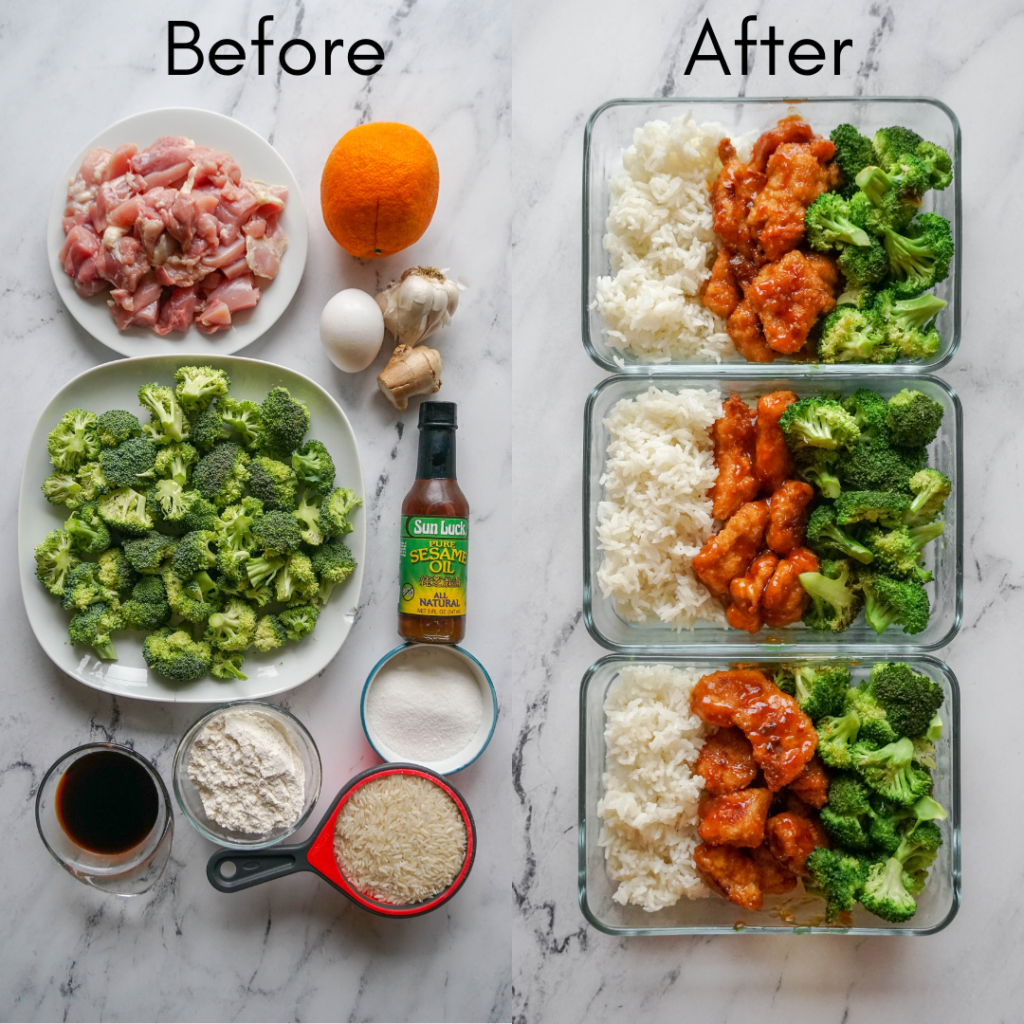 A before and after shot of an orange chicken recipe. On the left are the raw ingredients, and on the right are three glass containers with broccoli, orange chicken, and white rice