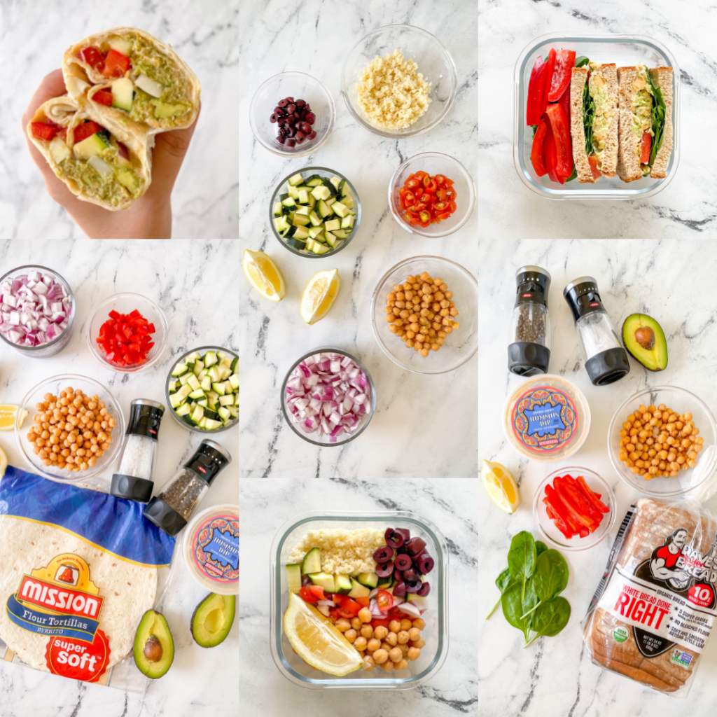 3 different meal prep lunches and their ingredients