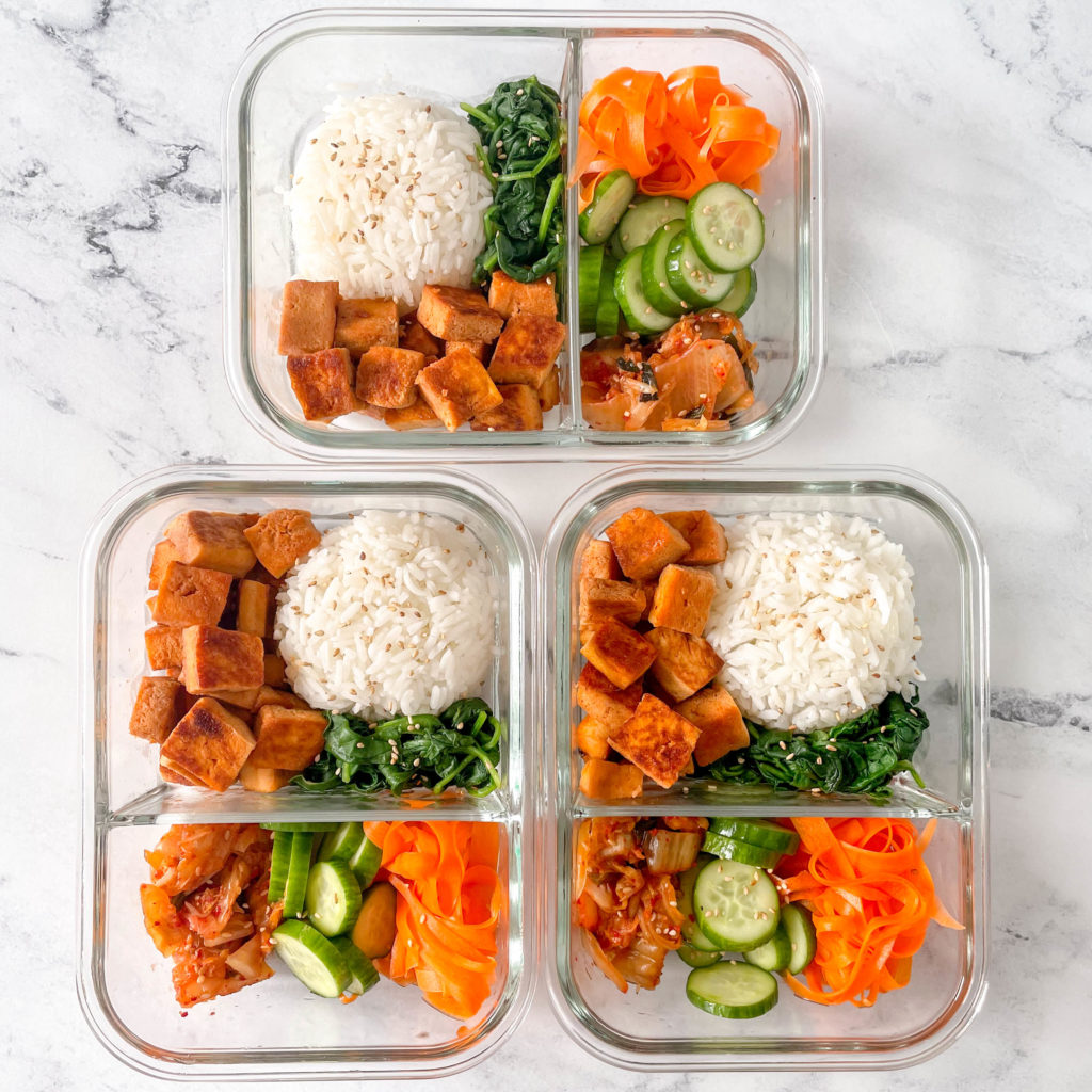 Vegetarian bibimbap bowls with tofu for meal prep