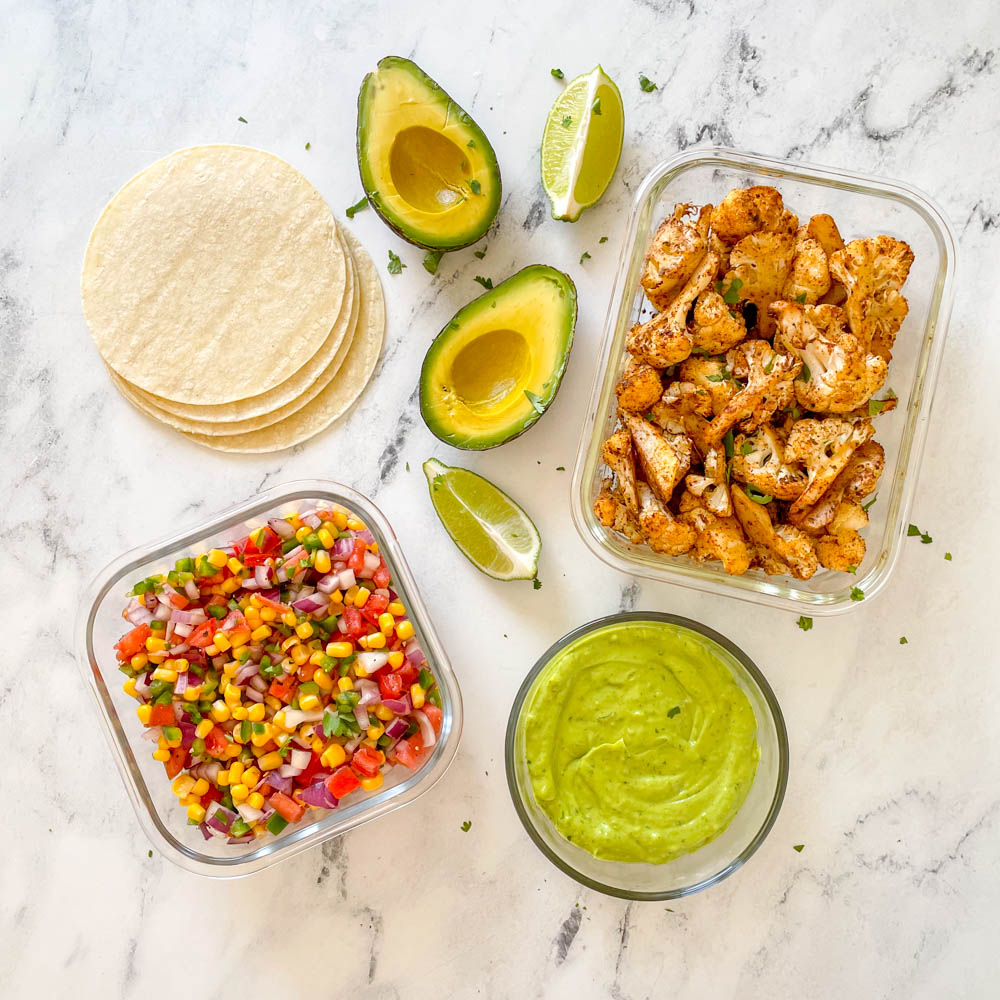 vegan cauliflower tacos with chunky salsa and avocado sauce