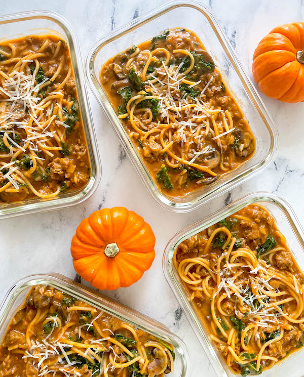 Pumpkin Pasta With Ground Turkey, Mushrooms & Kale