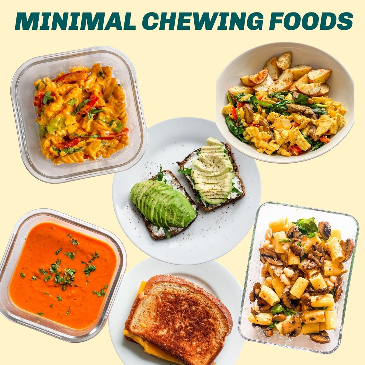 Six different pictures of food on a light yellow background. The foods include mac and cheese, soup, grilled cheese, avocado toast, a tofu scramble, and mushroom pasta.