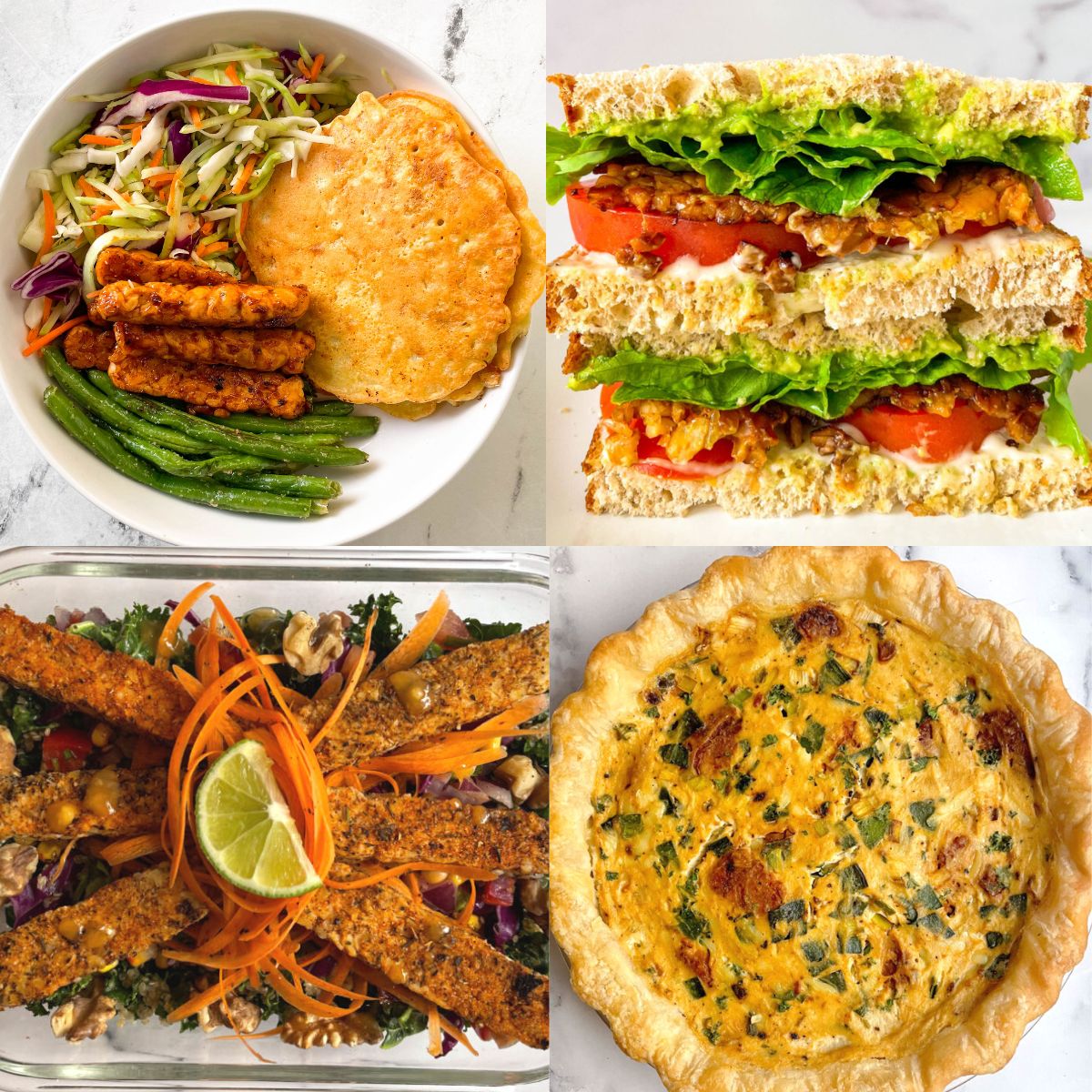 four different images of tempeh recipes in each corner. The top right includes a BBQ tempeh with sides. Top left is a BLT with tempeh bacon. Bottom right includes a kale salad with tempeh on top. And the bottom right is a quiche Lorraine.