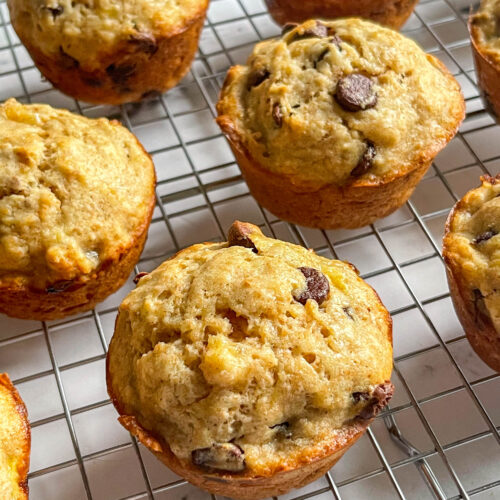 a close up 4 fresh banana muffins with chocolate chips on a wire rack.
