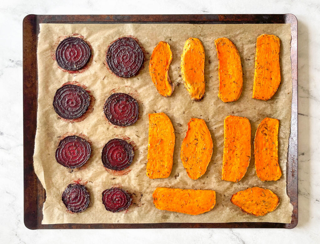 roasted sweet potato and beets on sheet pan