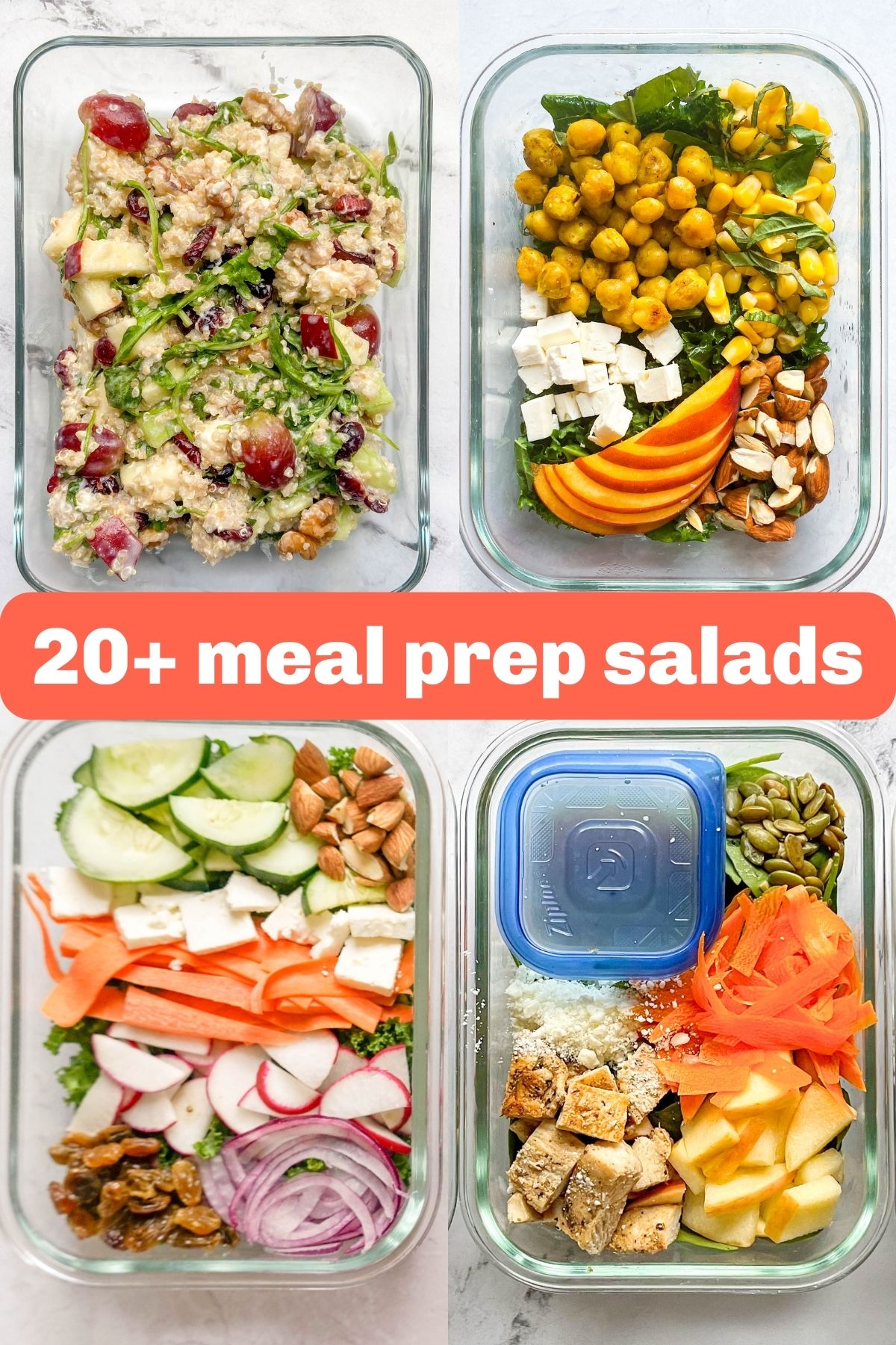 four salads in glass containers and text "20+ meal prep salads"