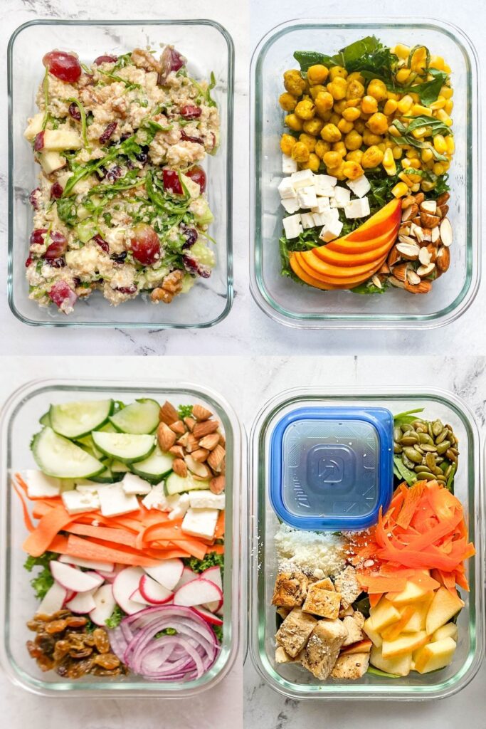 four different salads in glass containers
