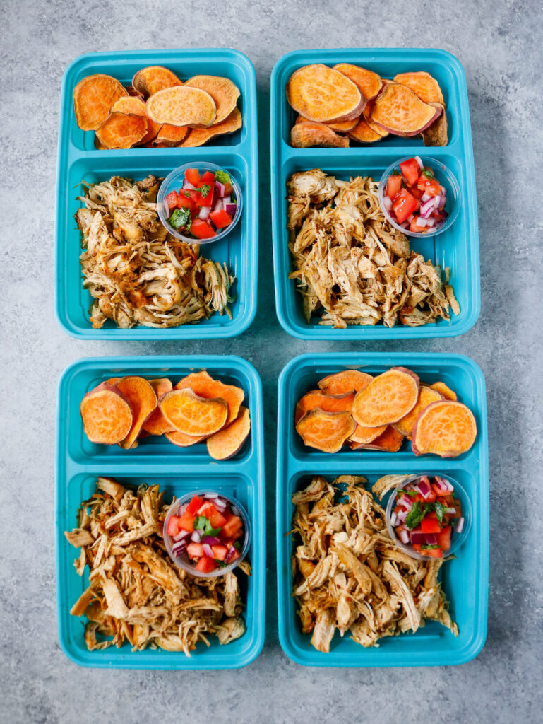 Instant Pot Chicken Carnitas Nachos Meal Prep Containers Instant Pot chicken carnitas nachos portioned into meal prep containers