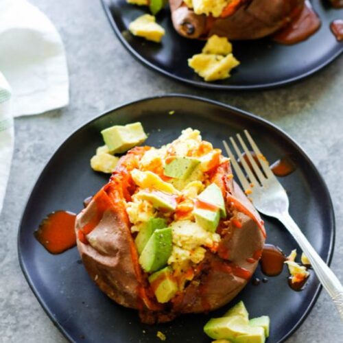 Scrambled eggs and sweet potatoes meal prep recipe card