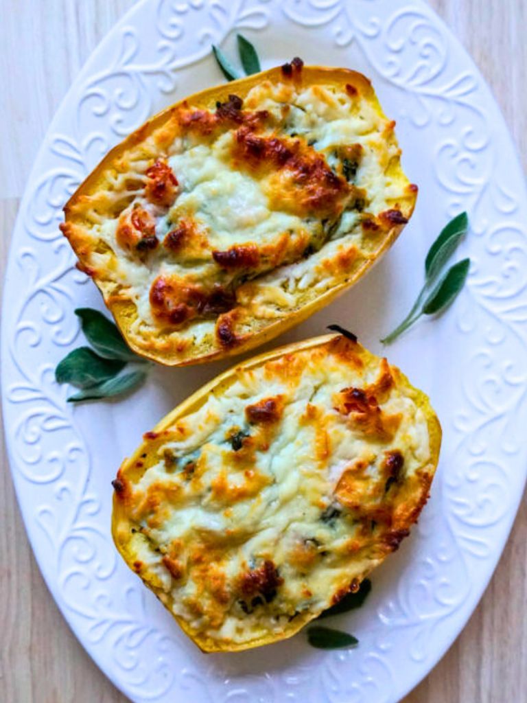 Cheesy Stuffed Spaghetti Squash With Tomatoes, Greens and Pesto